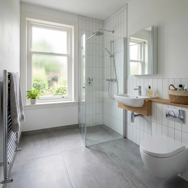 Sleek wet room with walk-in shower, white vertical wall tiles, grey floor, wall-hung basin and chrome towel rail.