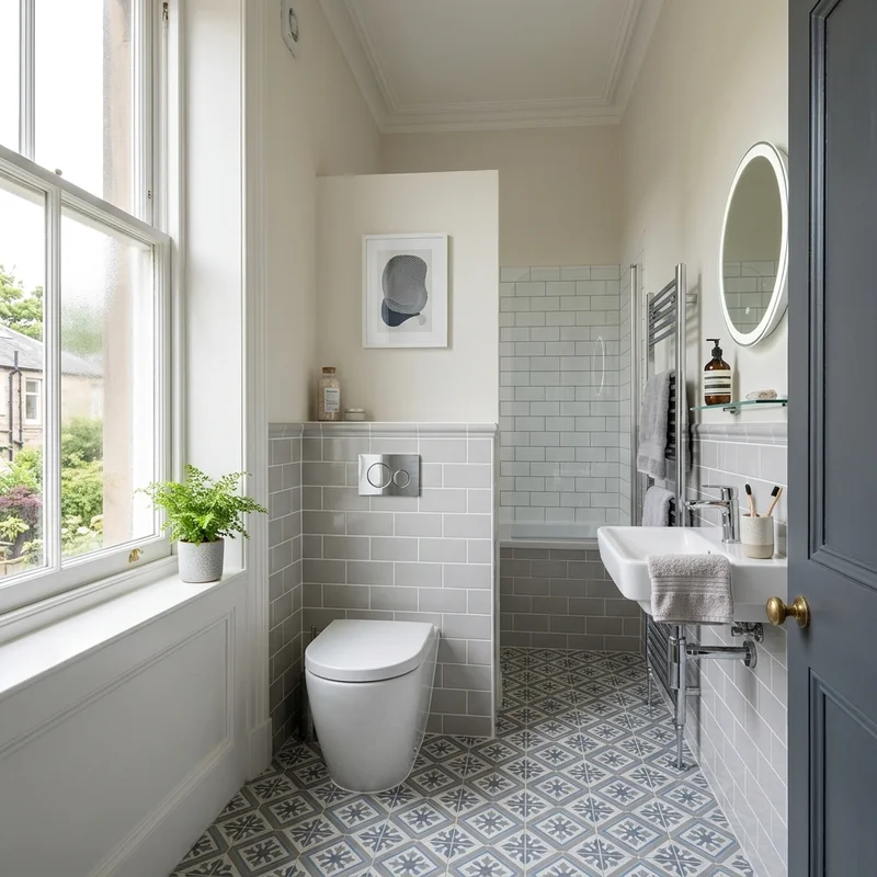 White floor-standing toilet with concealed cistern in a contemporary grey-tiled bathroom with a large sash window.