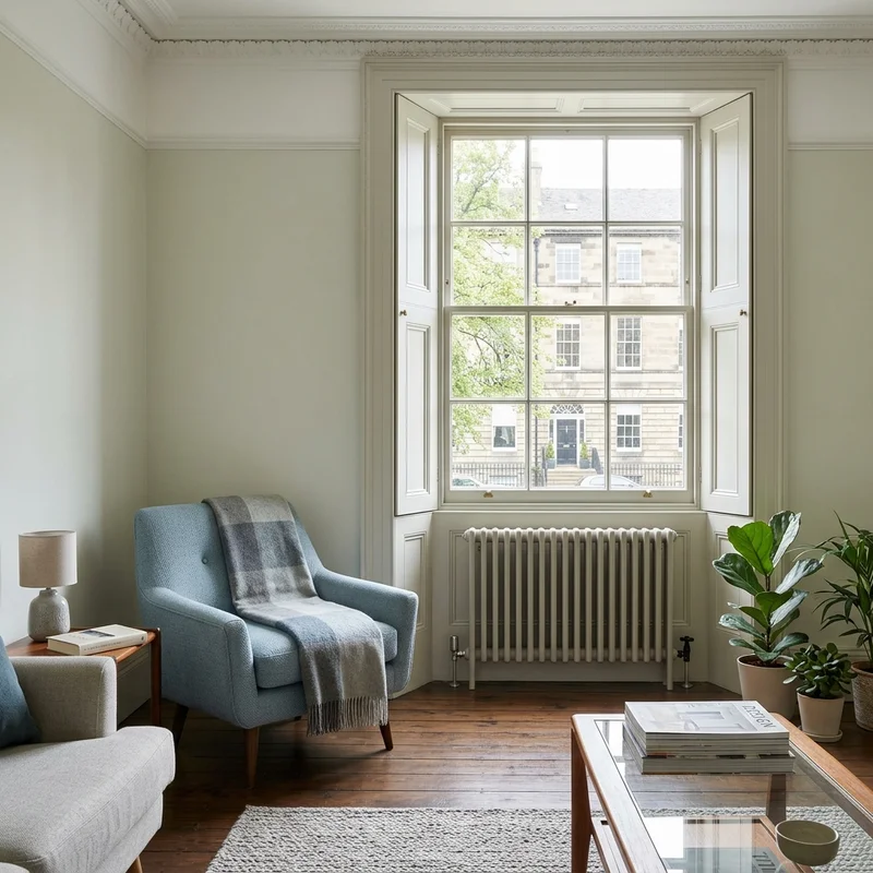 Living room with pale green walls, a wooden floor, and a white column radiator under a bay window.