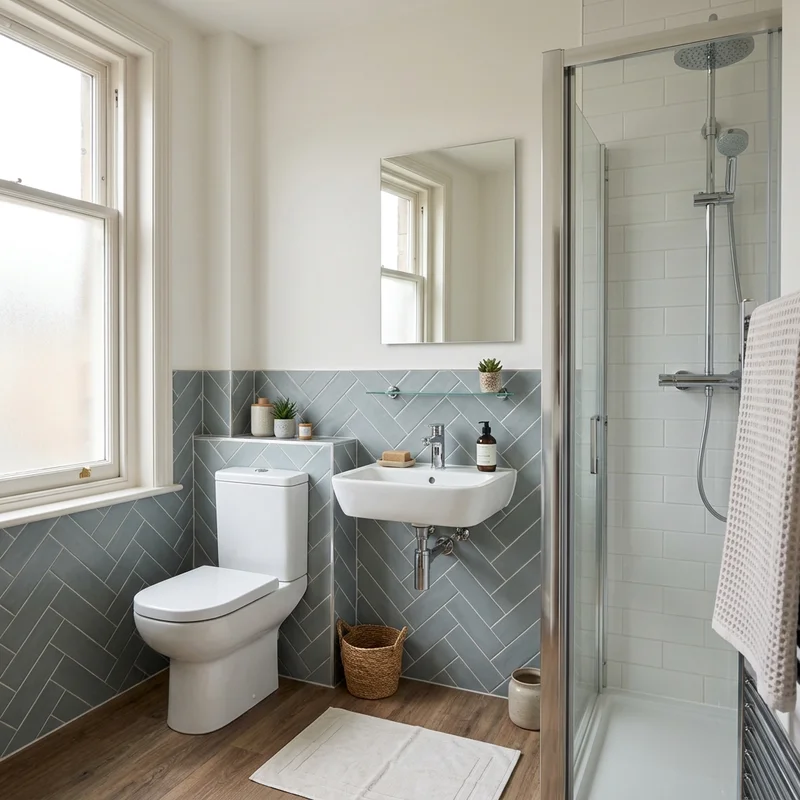 Clean bathroom with white toilet, wall-mounted basin, and glass shower enclosure. Grey herringbone tiles and wood floor.