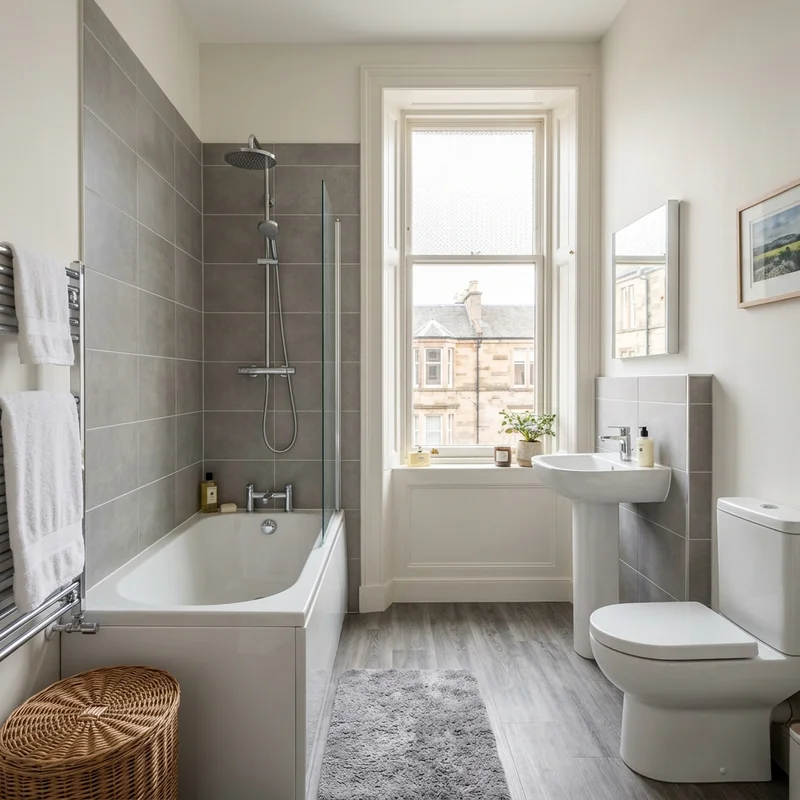 Refurbished white bath, shower, grey-tiled walls, basin, and toilet in a bright Edinburgh bathroom.
