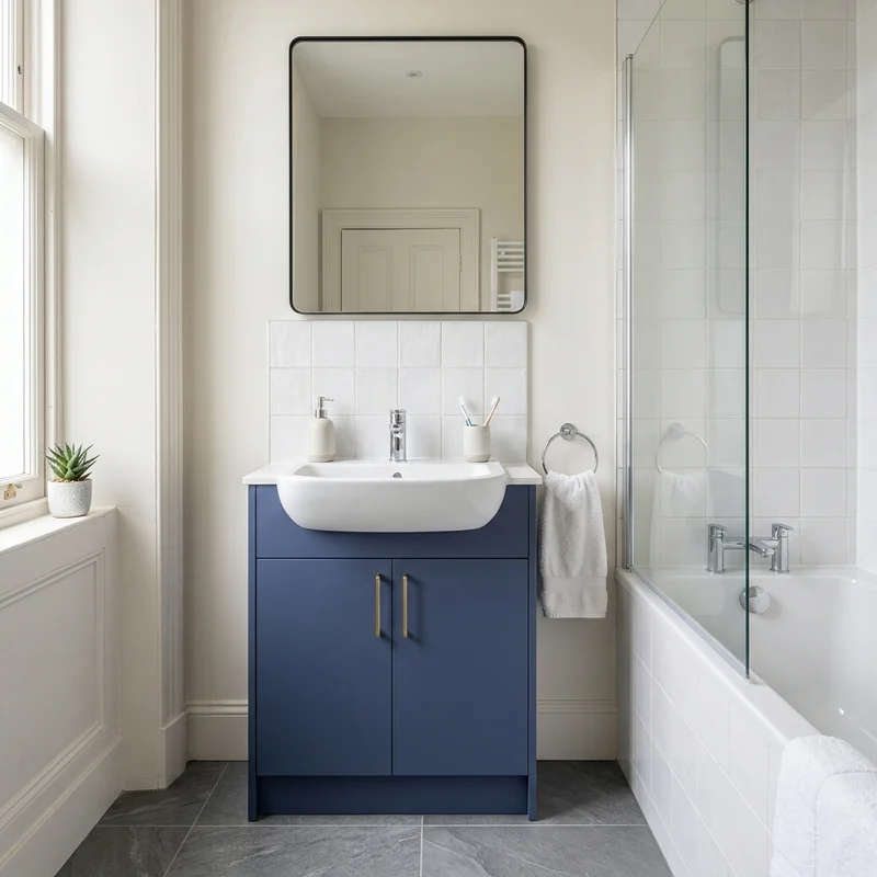 White bathroom featuring a dark blue vanity unit, white sink, mirror, and tiled bath with a glass screen.