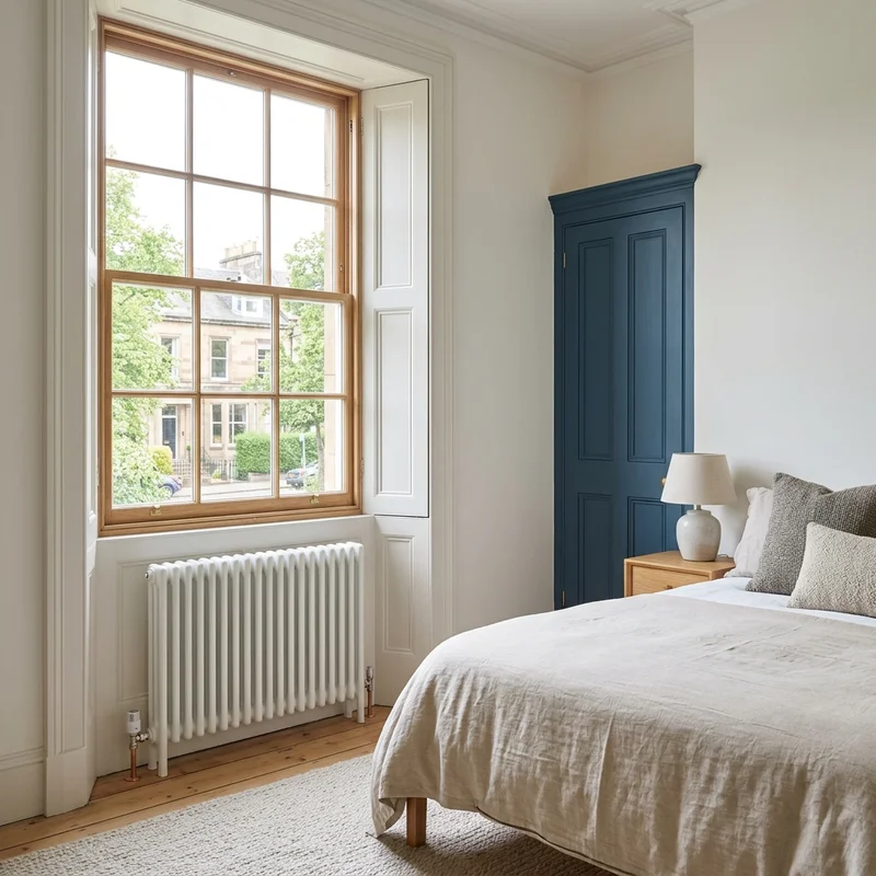 Installation of a white column radiator with copper pipework under a timber sash window in a bedroom.
