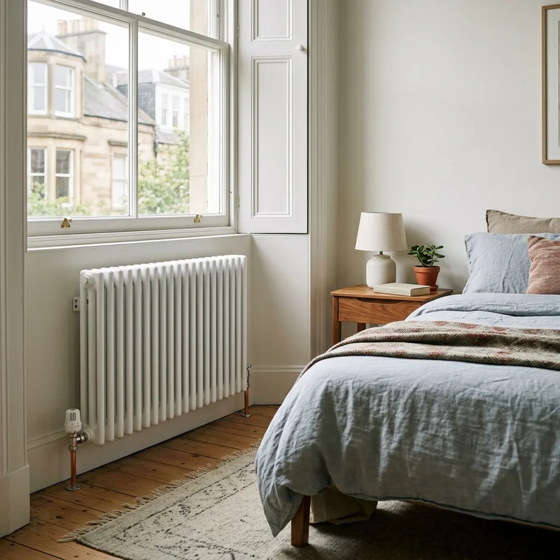 Bedroom scene with a newly fitted white column radiator under a window, featuring visible copper pipework.