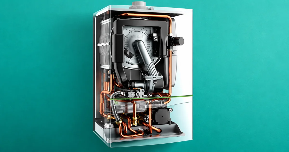 A modern gas boiler with a transparent casing revealing its internal copper pipework and components, against a teal wall.