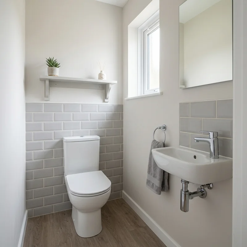 Compact cloakroom with white close-coupled toilet, wall-mounted basin, and grey tiled walls.
