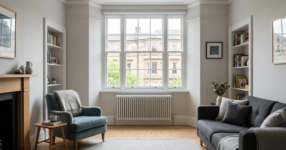 A light-filled living room featuring a white column radiator below a large bay window.