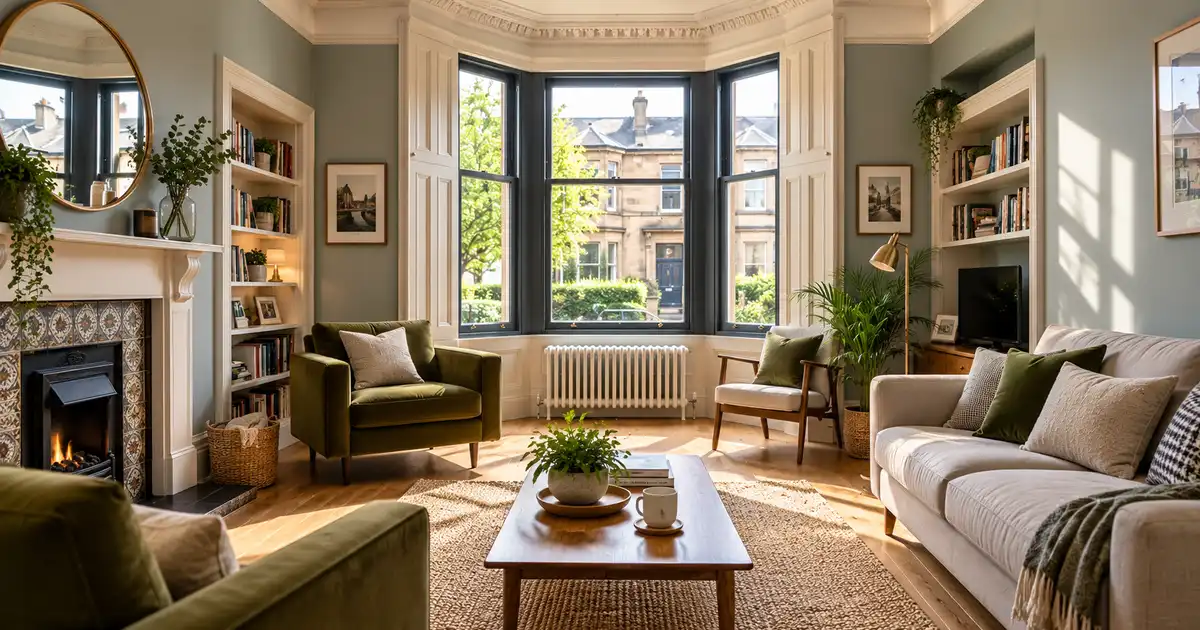 A well-decorated living room with a white radiator under a bay window looking out onto an Edinburgh street.
