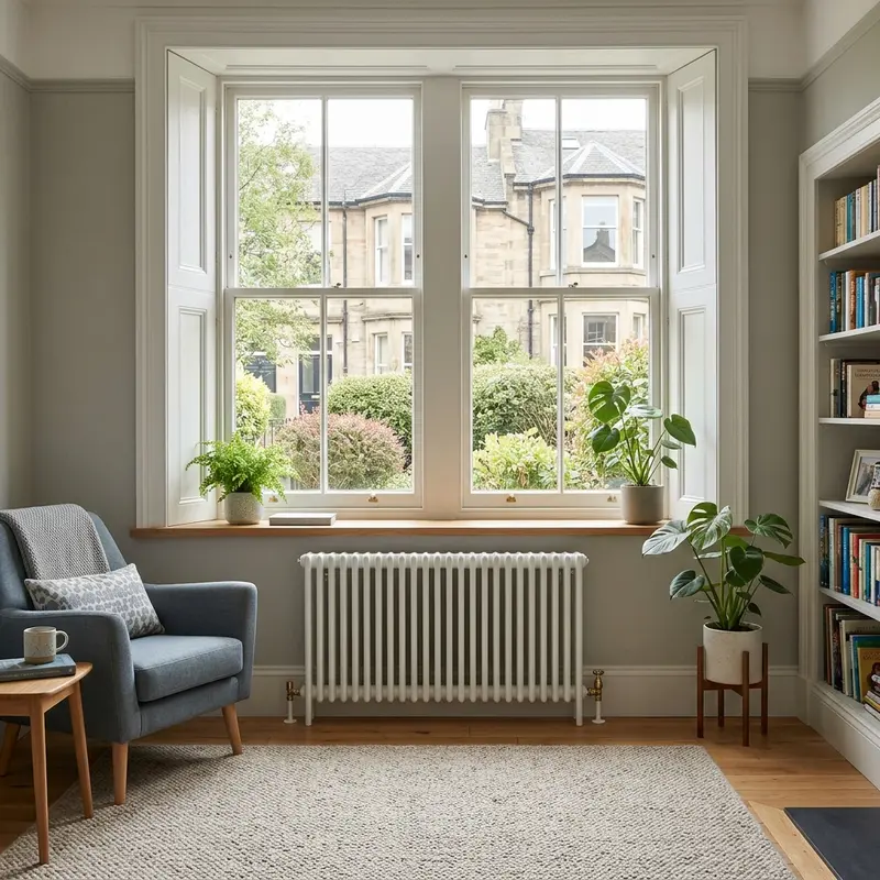 A white column radiator in a light grey living room with large white sash windows and wooden flooring.