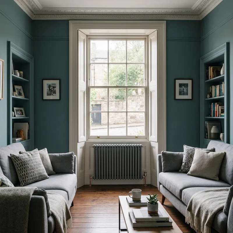 Traditional grey column radiator below a large sash window in a teal living room with two grey sofas.