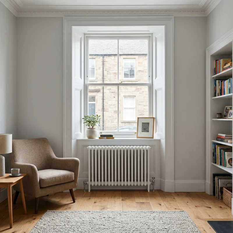 White column radiator installed under a large sash window in a light-filled living room with wooden floorboards.