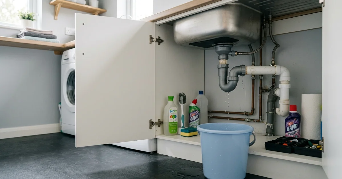 Water leaking from a kitchen sink's U-bend pipe into a blue bucket, in a utility room cabinet.
