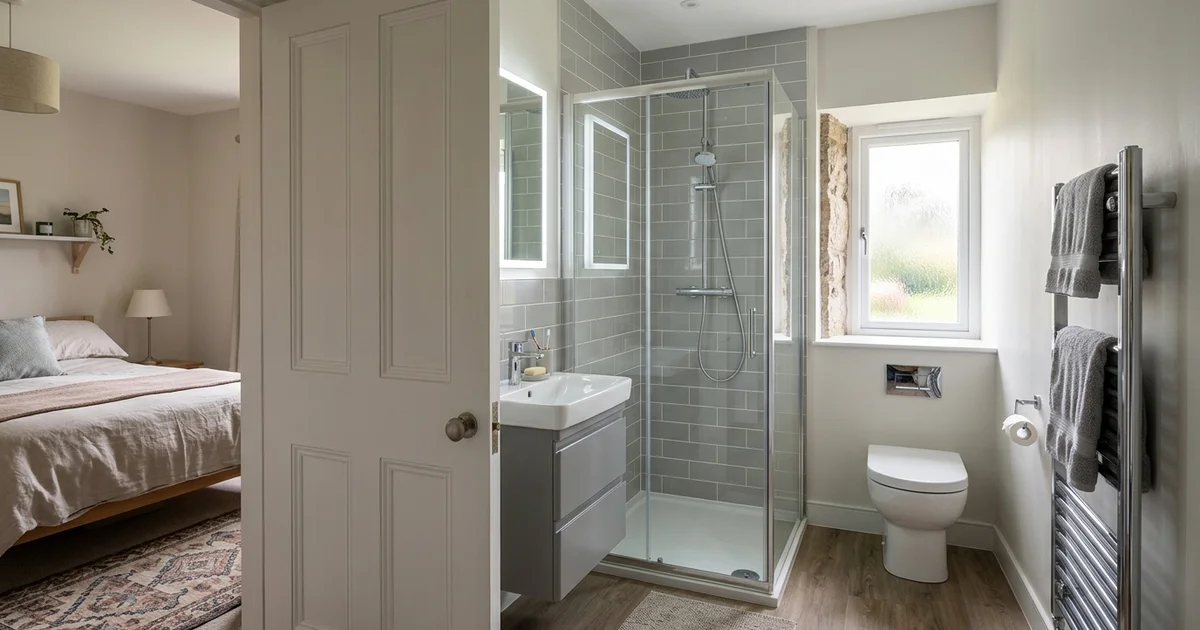 Modern grey tiled ensuite bathroom with shower, toilet, basin, and heated towel rail, opening to a bedroom.