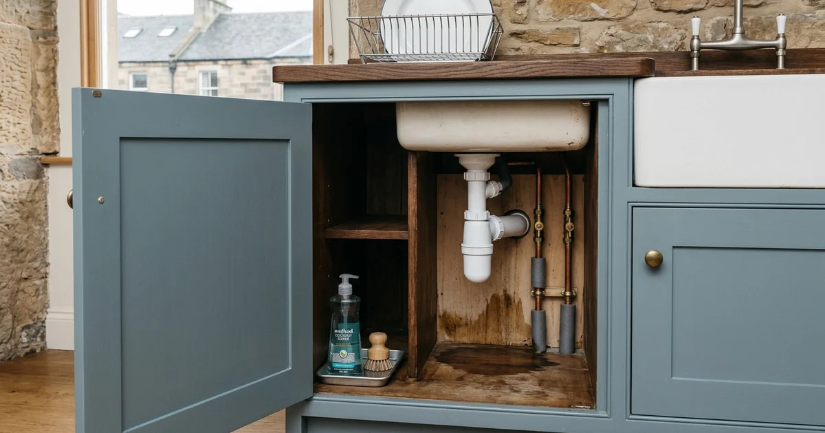 Damp wood and pooling water under an open kitchen sink cabinet with exposed pipes in a home setting, East Lothian.
