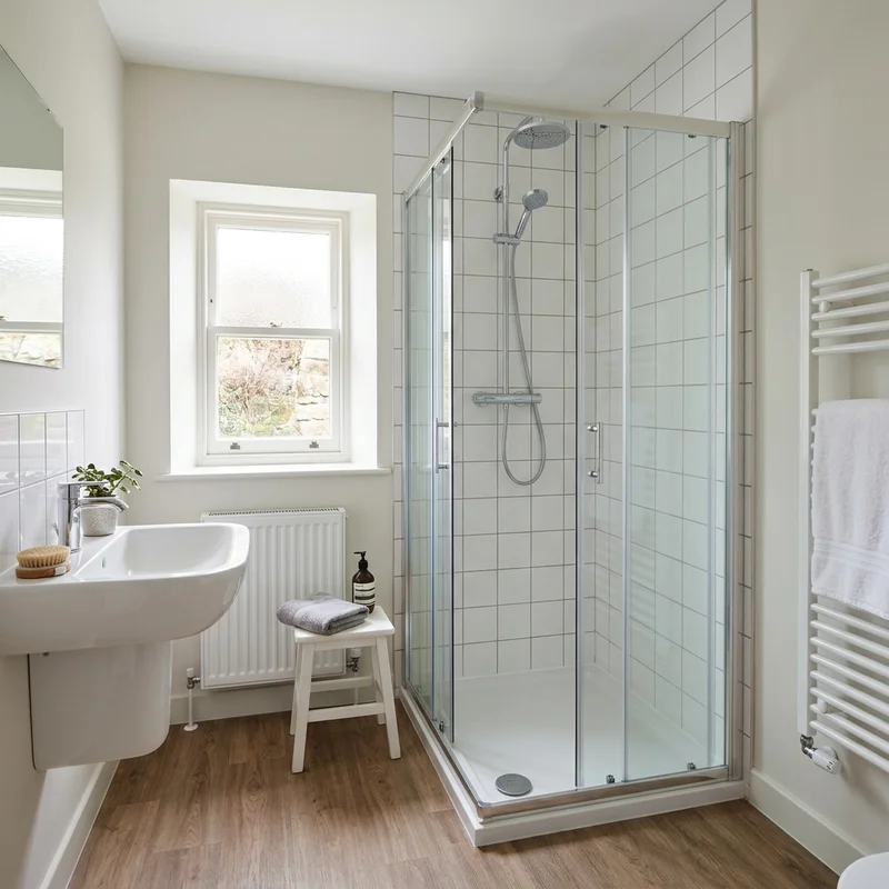 Corner shower enclosure with white tiles and a new shower unit in a bright East Lothian bathroom.