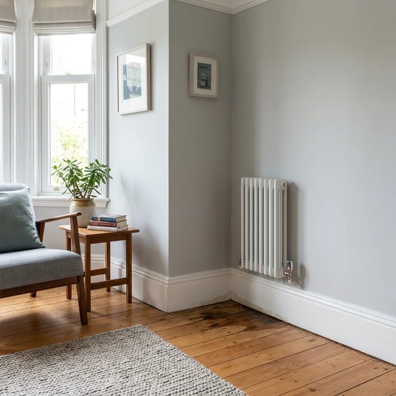 Dark water stain on wooden floorboards beside a white radiator, indicating a leak in an East Lothian home.