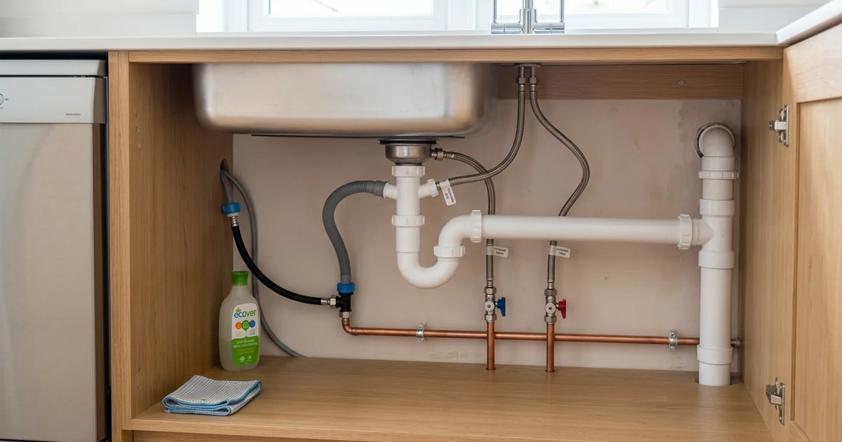 Kitchen under-sink cabinet showing plumbing: copper supply pipes, white PVC waste system, dishwasher hose, cleaning items.