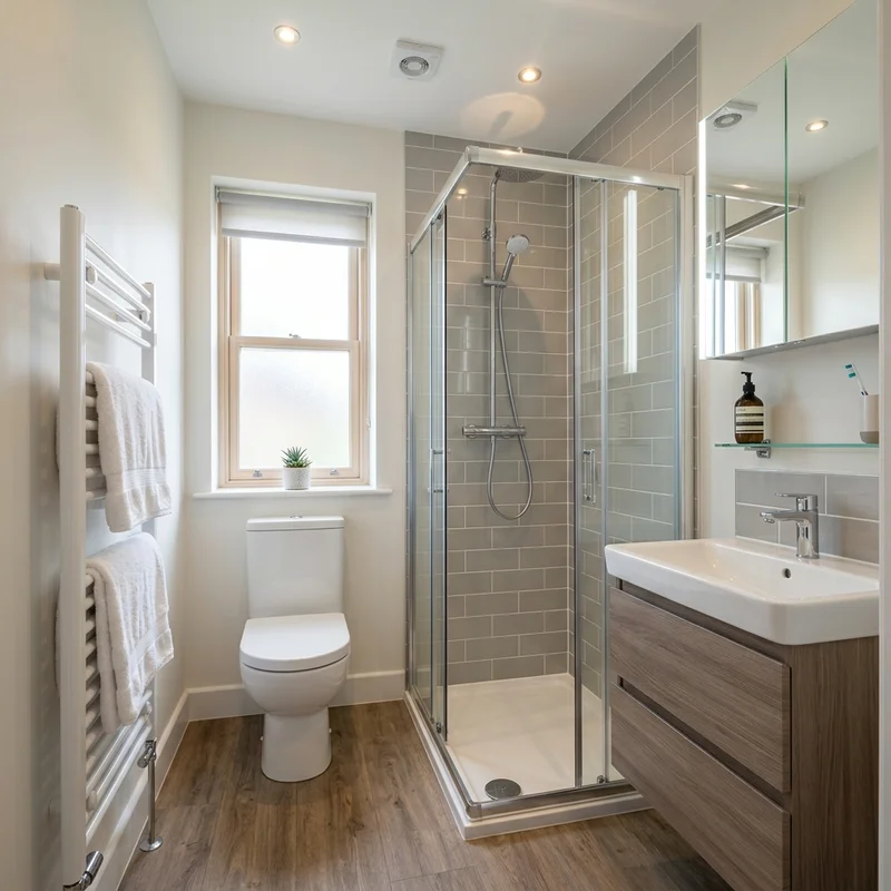 Modern ensuite bathroom with wood-effect floor, light grey tiled shower, white toilet, basin vanity, and heated towel rail.