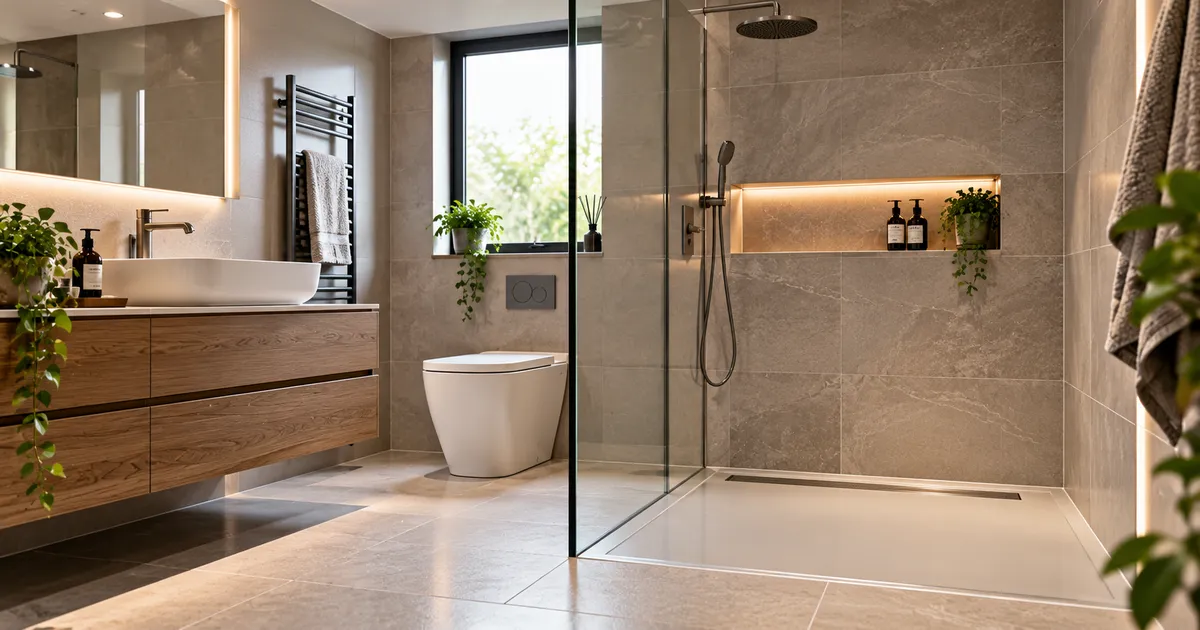 Modern grey bathroom with wooden vanity, basin, LED-lit mirror, wall-hung toilet, and walk-in shower.