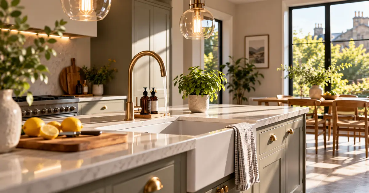 Contemporary kitchen with a brass tap running into a farmhouse sink on a marble island. Sunny outdoor view of Edinburgh.