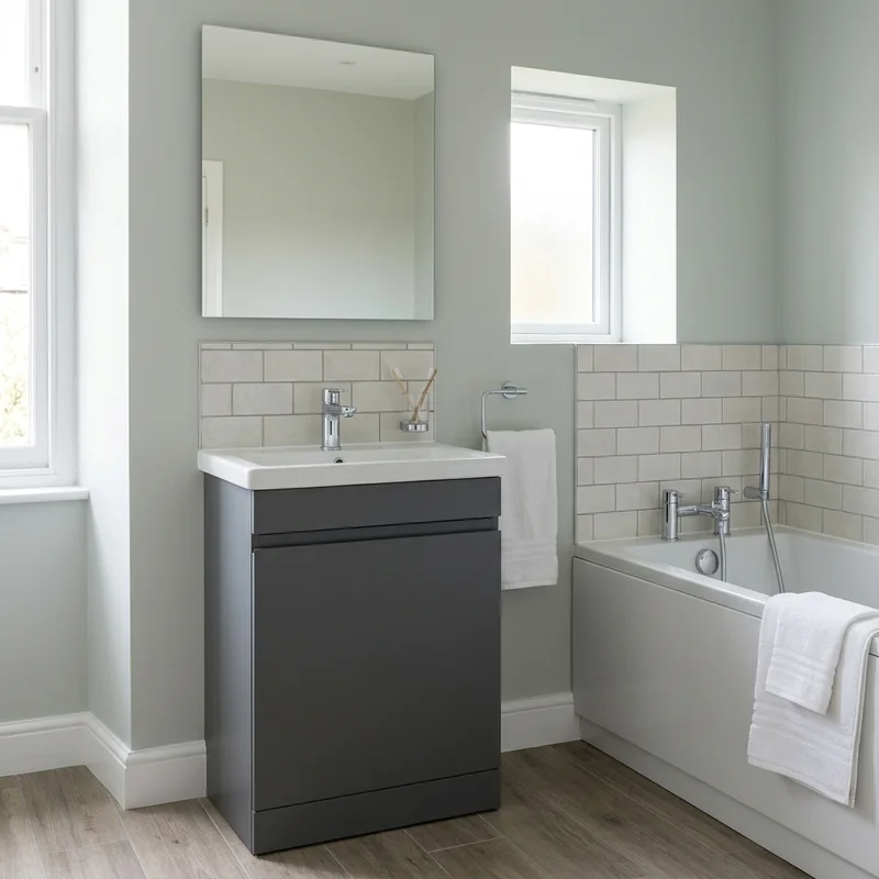 Bathroom installation with a dark grey vanity, white basin, mirror, white bath, and pale grey metro wall tiles.