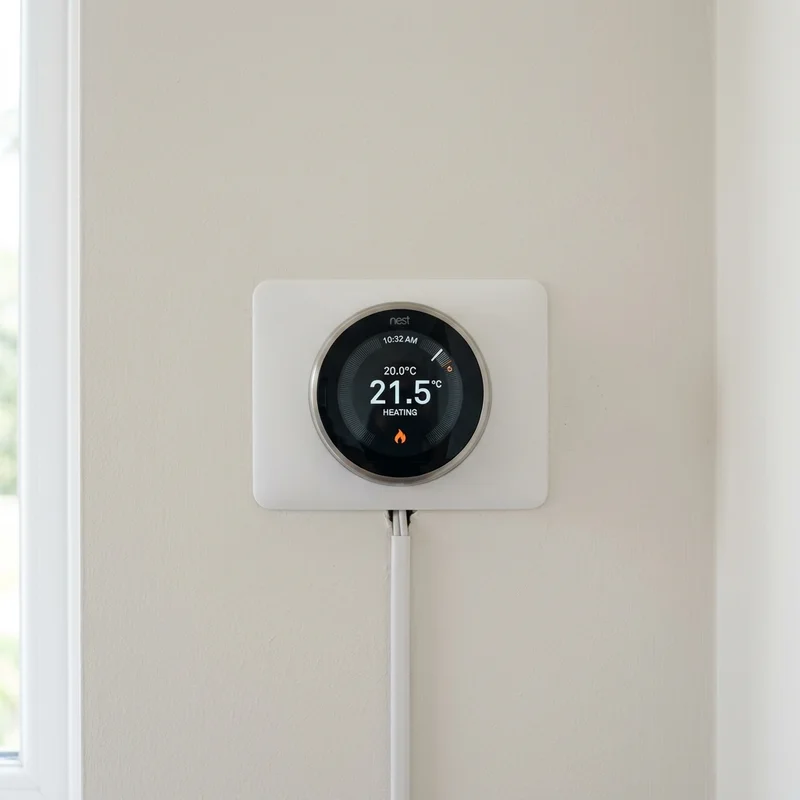 Nest smart thermostat showing 21.5°C, heating, on a light beige wall with a backplate and cable.