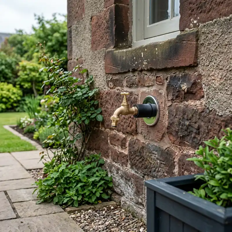 Exterior tap with a brass finish mounted on a brown stone wall, bordered by a flagstone path and plants.
