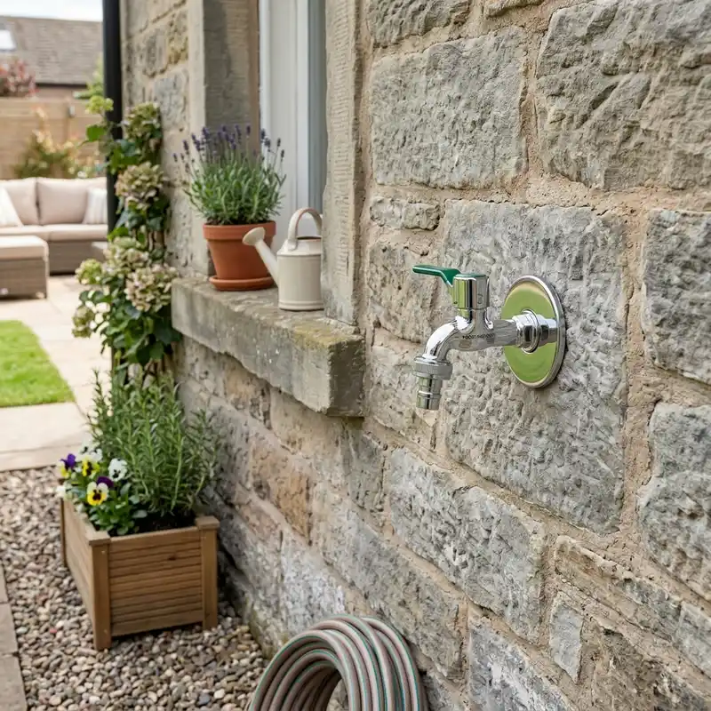 A chrome outdoor tap with a green lever handle on a rustic stone wall, with a coiled hose and window sill plants.