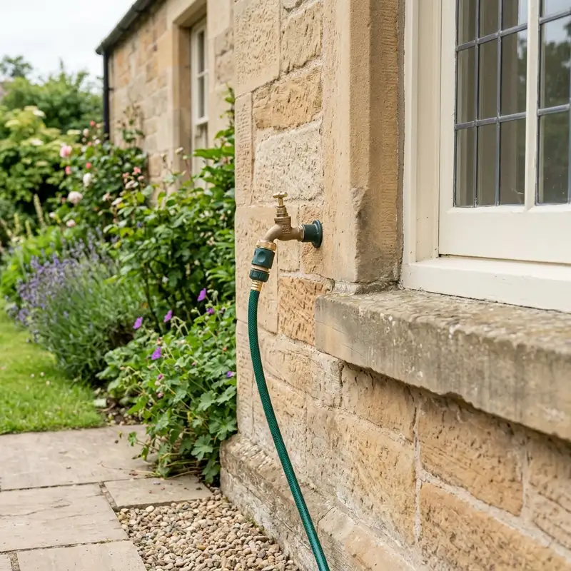 A green garden hose connected to a brass tap on a sandstone house wall.