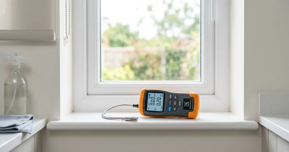 Gas analyser with flexible probe on a kitchen windowsill in Edinburgh, showing CO and O2 readings.