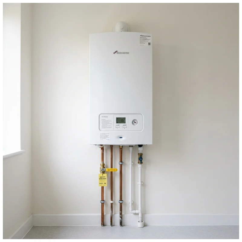 White Worcester Bosch Greenstar boiler on a wall with pipes and a 'SAFETY CHECKED' tag.