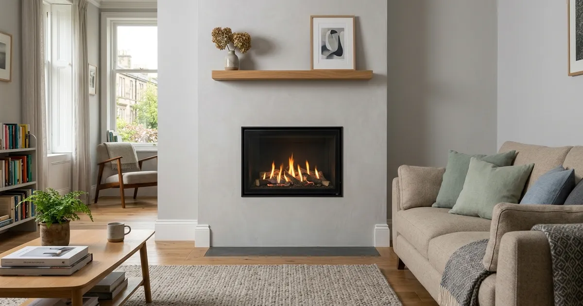 Modern living room featuring a lit, built-in gas fireplace, wooden mantelpiece, sofa, bookcase, and Edinburgh street view.