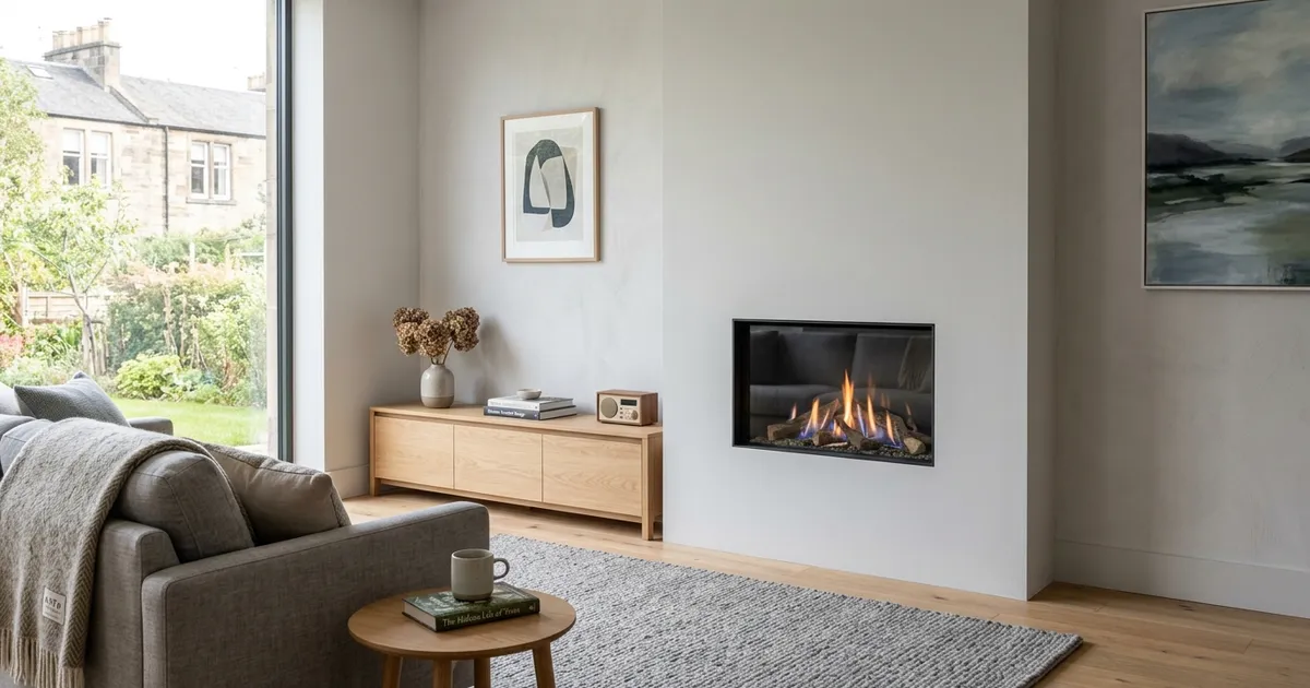Cosy living room with a contemporary gas fireplace and garden view towards stone houses typical of Edinburgh.