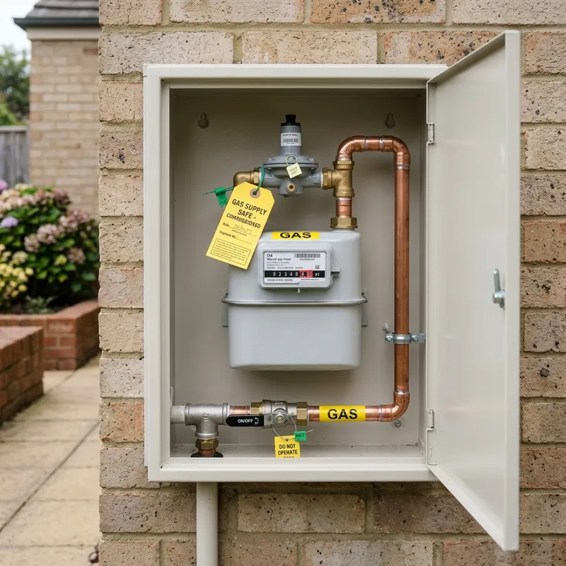 Open cream-coloured gas meter cabinet on a brick wall, showing meter, copper pipes, and safety tags.