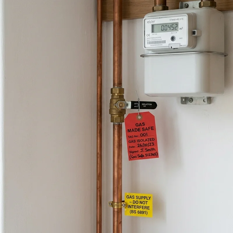 Gas meter, copper pipes, and isolated valve with a red 'Gas Made Safe' tag and yellow 'Gas Supply' sticker.