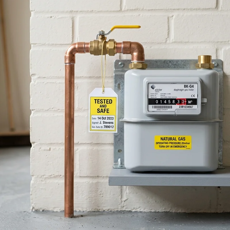 Grey gas meter connected to copper pipes, with a 'tested and safe' tag, against a white brick wall in East Lothian.