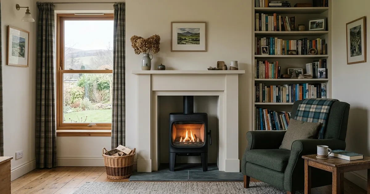 Cosy living room with a black gas stove in a cream fireplace, wooden floor, and an armchair next to a bookshelf.