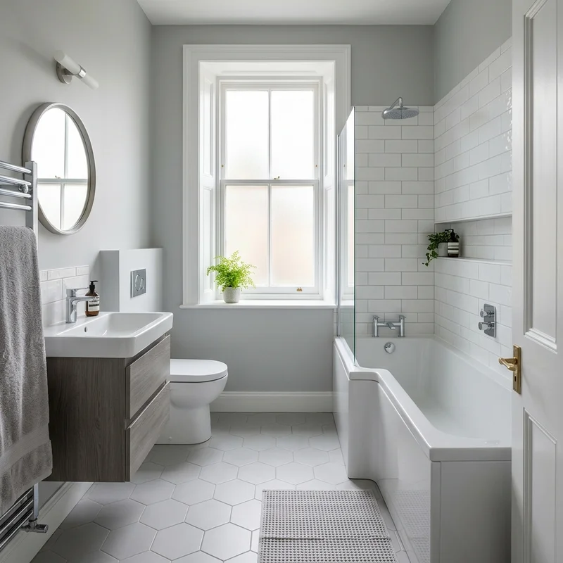 Modern light grey bathroom in Aberlady with white bath, shower, sink, toilet, and hexagonal floor tiles.