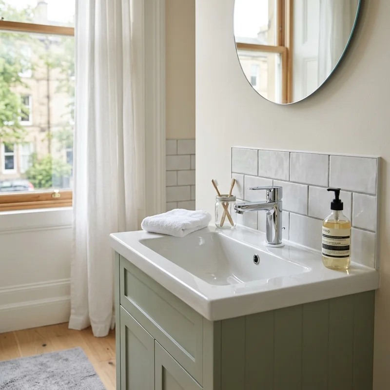 Modern chrome mixer tap on a white bathroom sink, integrated into a pale green vanity unit with a tiled splashback.
