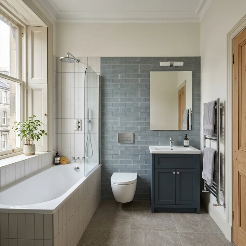 Modern bathroom with white tiled bath, grey tiled feature wall, dark vanity, and chrome heated towel rail.