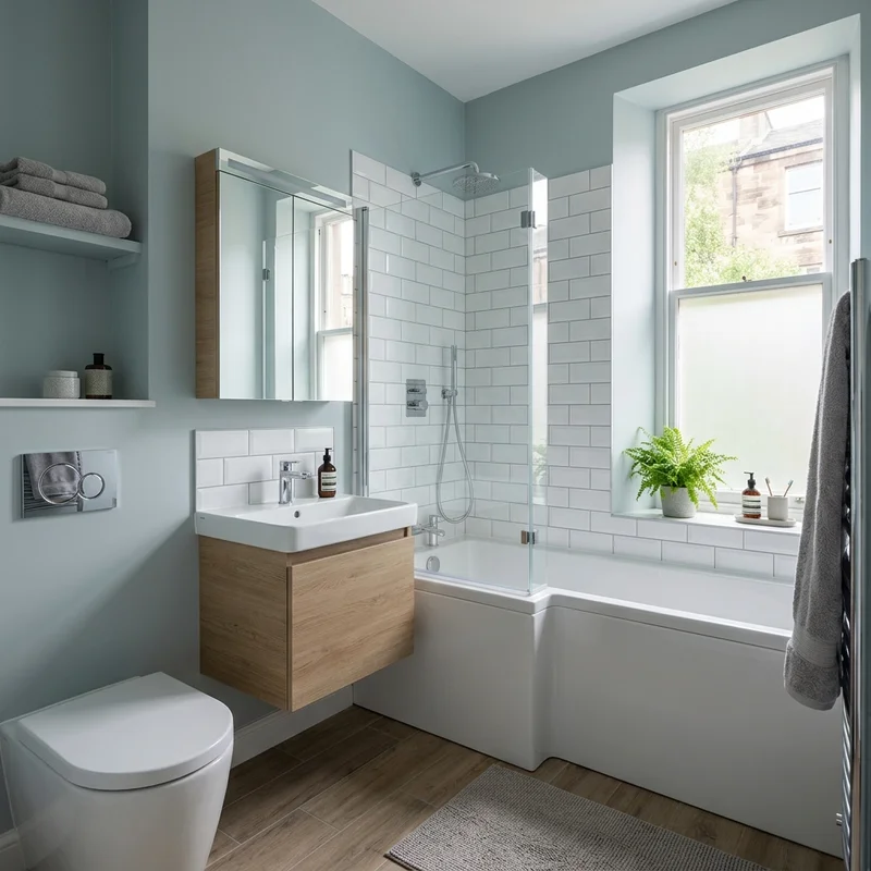 Newly fitted Edinburgh bathroom with a P-shaped bath, overhead shower, basin vanity and light grey wood-effect floor.