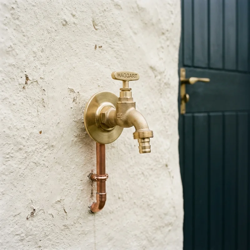 Brass outdoor garden tap with 'HAGGART' handle and copper pipework on a textured cream wall.