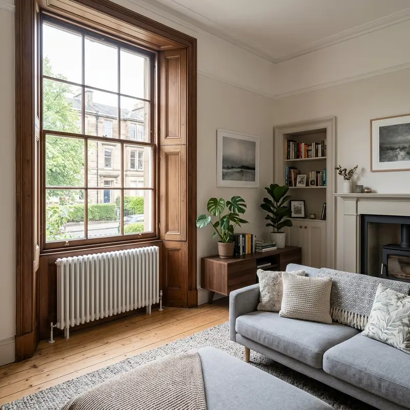 White column radiator fitted in a traditional East Lothian living room.