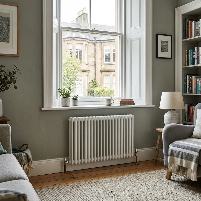 White column radiator under a large sash window, looking onto an Edinburgh street, in a cosy living room.