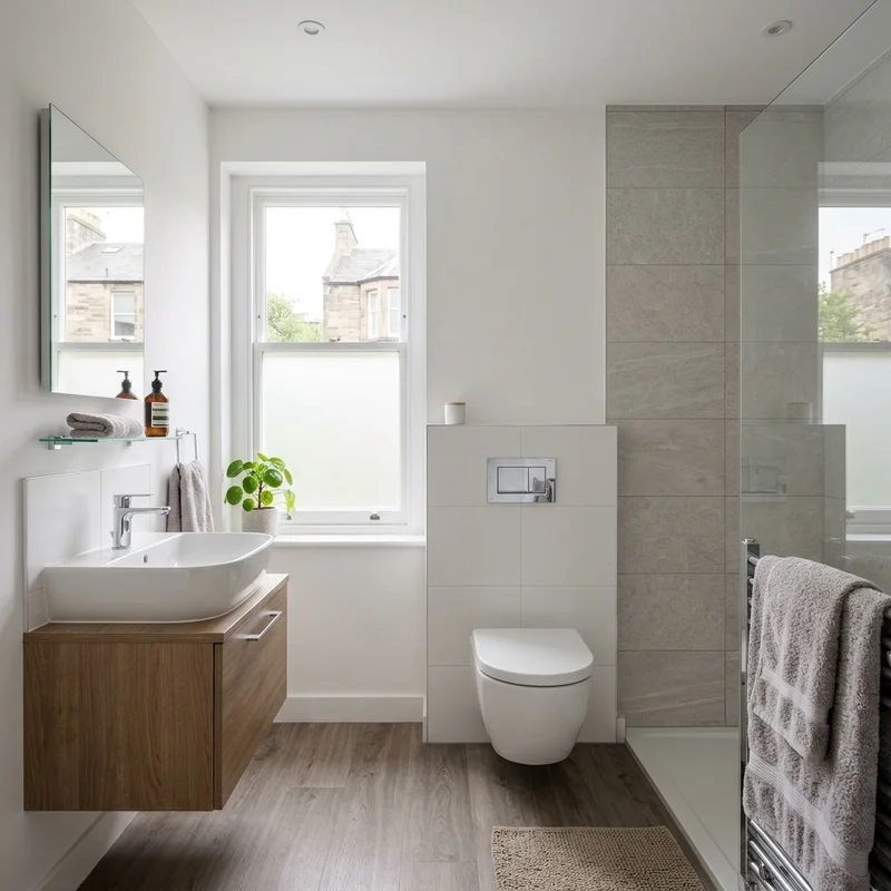 White wall-hung toilet with a chrome flush plate in a bright, modern Edinburgh bathroom with a shower and vanity.