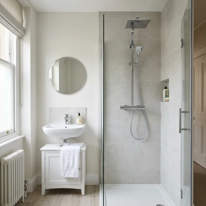 Clean bathroom with white sink, chrome taps, vanity unit, round mirror and walk-in shower with grey tiled walls.