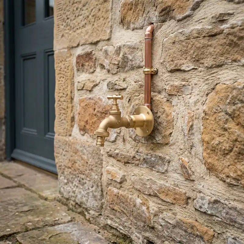 Outdoor brass tap with copper pipe fitted to a natural stone wall, beside a dark grey door.