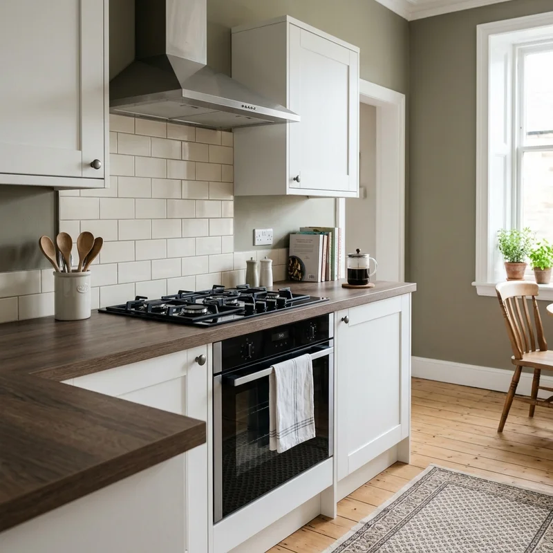 Kitchen with integrated gas hob, oven, and stainless steel extractor hood above white units and wooden worktops.