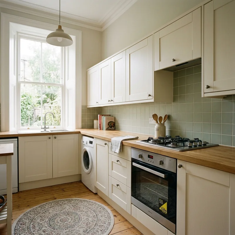 A clean kitchen with cream cabinets, wooden worktops, and a gas hob and oven, potentially in an East Lothian property.