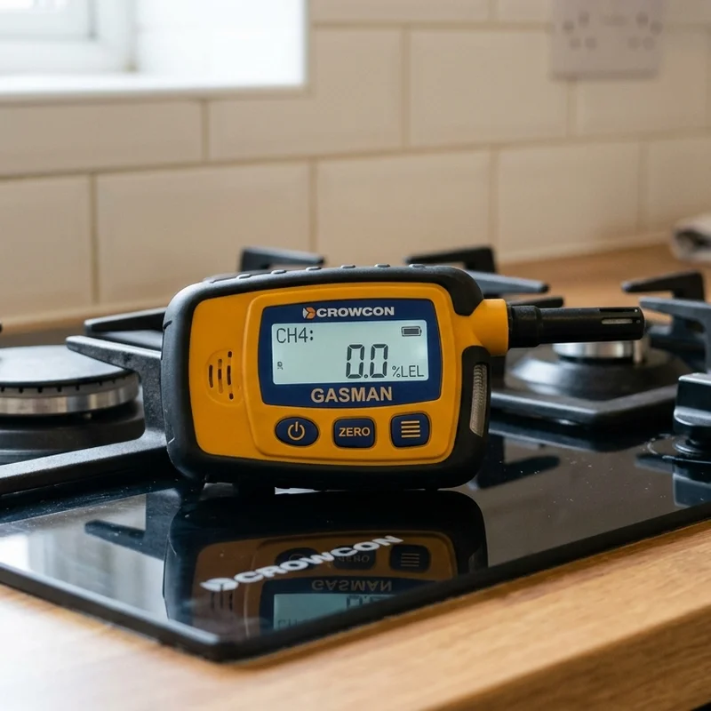 A Crowcon Gasman detector showing 0.0 %LEL on a black gas hob in a kitchen.